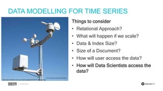 #MDBW17
DATA MODELLING FOR TIME SERIES
http://www.switchdoc.com/wp-content/uploads/2015/01/41-tvY-gqZL.jpg
Things to consider
• Relational Approach?
• What will happen if we scale?
• Data & Index Size?
• Size of a Document?
• How will user access the data?
• How will Data Scientists access the
data?
 