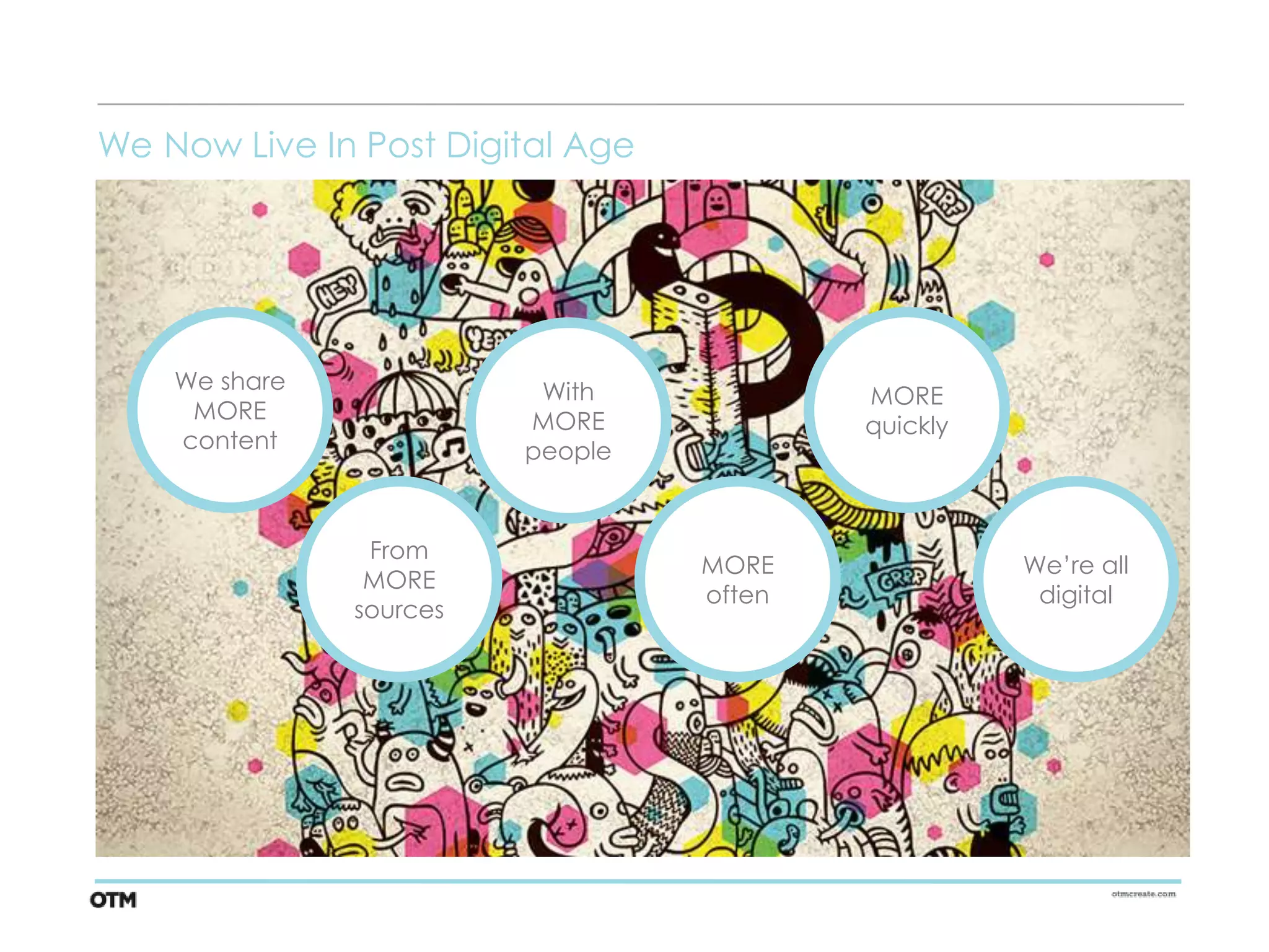We Now Live In Post Digital Age




    We share              With            MORE
     MORE                MORE             quickly
    content              people



                From
                                  MORE              We’re all
                MORE
                                  often              digital
               sources
 