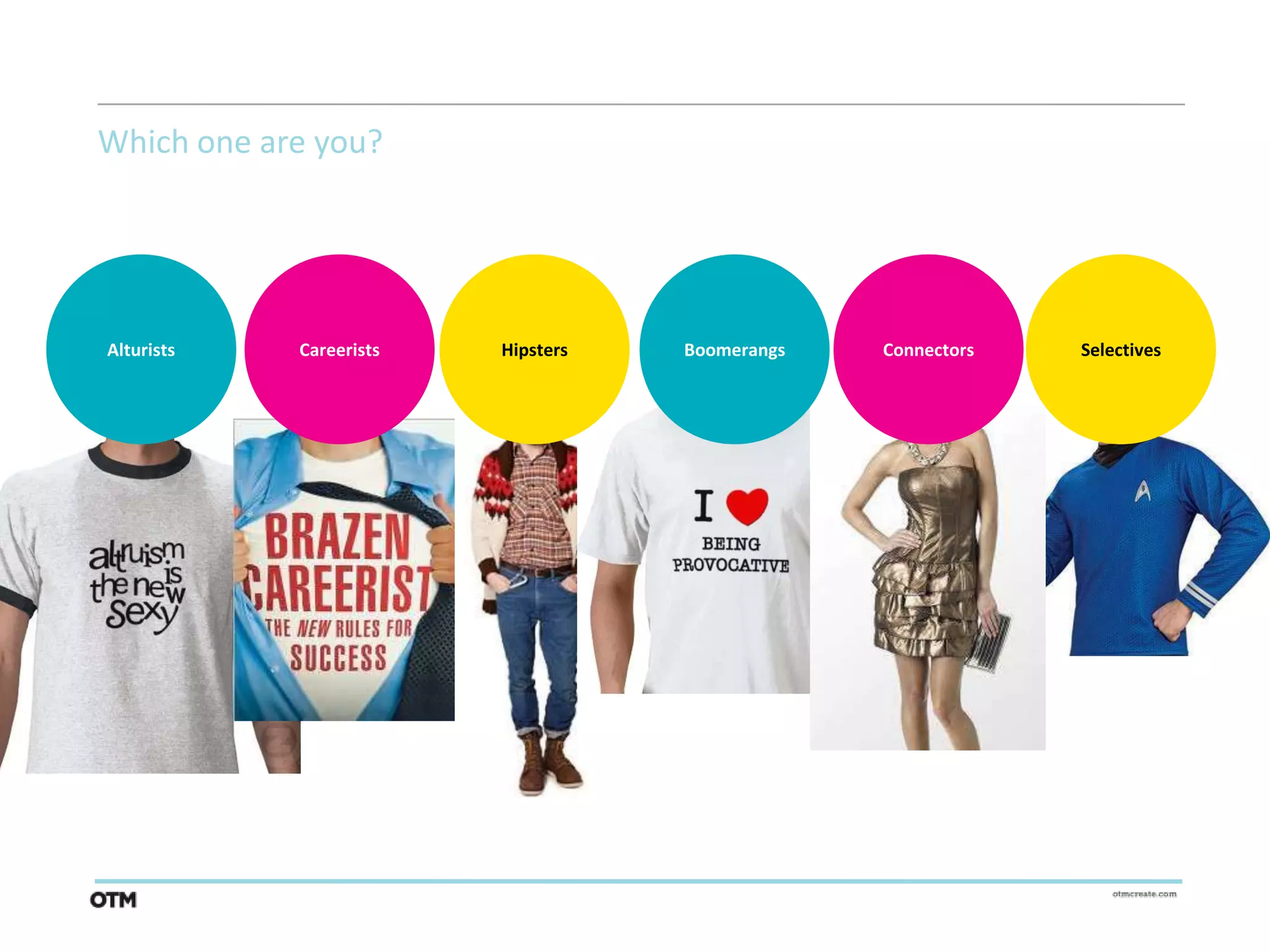 Which one are you?




Alturists   Careerists   Hipsters   Boomerangs   Connectors   Selectives
 