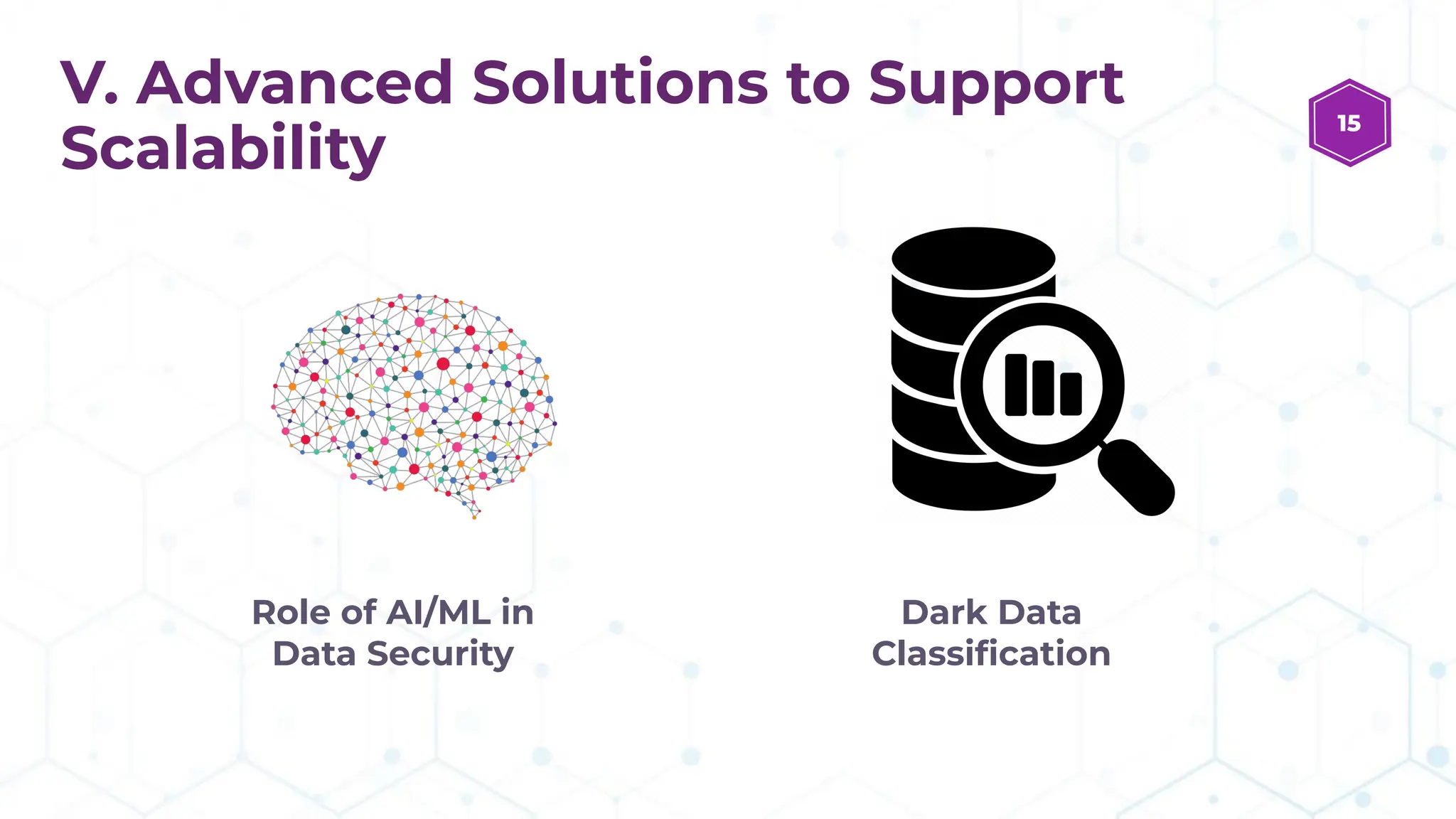 V. Advanced Solutions to Support
Scalability
Role of AI/ML in
Data Security
Dark Data
Classiﬁcation
15
 