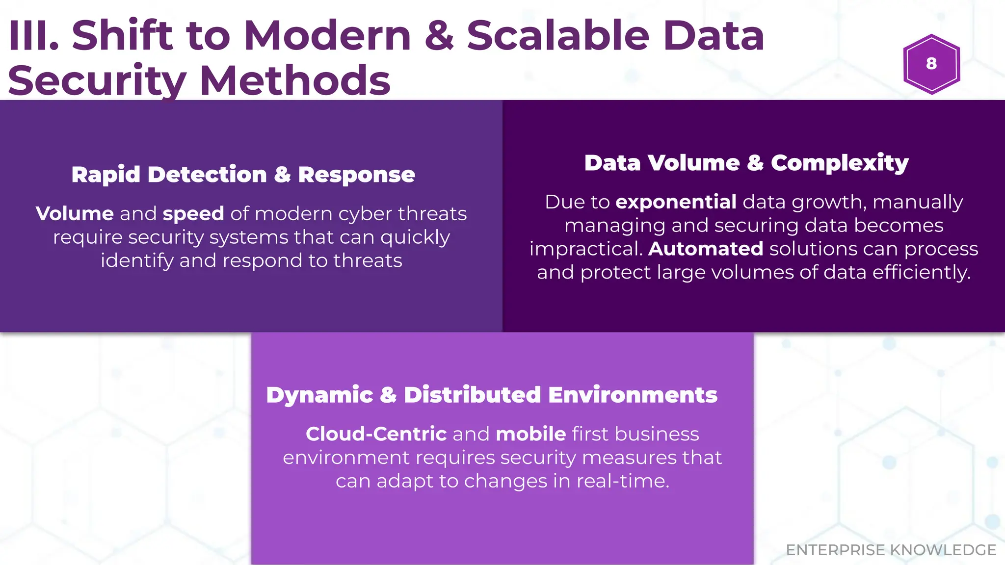 Data Volume & Complexity
Due to exponential data growth, manually
managing and securing data becomes
impractical. Automated solutions can process
and protect large volumes of data efﬁciently.
Rapid Detection & Response
Volume and speed of modern cyber threats
require security systems that can quickly
identify and respond to threats
Dynamic & Distributed Environments
Cloud-Centric and mobile ﬁrst business
environment requires security measures that
can adapt to changes in real-time.
ENTERPRISE KNOWLEDGE
III. Shift to Modern & Scalable Data
Security Methods
8
 