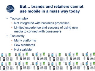 But… brands and retailers cannot
                 use mobile in a mass way today
        • Too complex
           • Not integrated with business processes
           • Limited experience and success of using new
             media to connect with consumers
        • Too costly
           • Many platforms
           • Few standards
           • Not scalable




             6
© 2009 GS1
 
