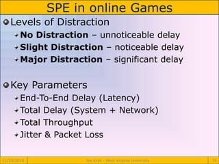 SPE in online Games
11/29/2010 Joe Krall - West Virginia University 16
Levels of Distraction
No Distraction – unnoticeable delay
Slight Distraction – noticeable delay
Major Distraction – significant delay
Key Parameters
End-To-End Delay (Latency)
Total Delay (System + Network)
Total Throughput
Jitter & Packet Loss
 