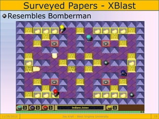 Surveyed Papers - XBlast
11/29/2010 Joe Krall - West Virginia University 19
Resembles Bomberman
 