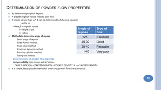 DETERMINATION OF POWDER FLOW PROPERTIES
 By determiningAngle of Repose.
 A greater angle of repose indicate poor flow.
 It should be less than 30°. & can be determined by following equation
tan θ = h/r
where,θ = angle of repose
h=height of pile
r= radius.
 Methods to determine angle of repose
Static angle of repose
Fixed-funnel method
Fixed-cone method
Kinetic or dynamic method
Rotating cylinder method
Tilting box method
Determination of powder flow poperties
compressibility.Also known as Carr's index
CARR’S INDEX(%) =(TAPPED DENSITY – POURED DENSITY) X 100TAPPED DENSITY
 It is simple, fast & popular method of predicting powder flow characteristics.
Angle of
repose
Type of
flow
<25 Excellent
25-30 Good
30-40 Passable
>40 Very poor
10
 