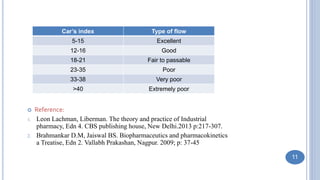 Car’s index Type of flow
5-15 Excellent
12-16 Good
18-21 Fair to passable
23-35 Poor
33-38 Very poor
>40 Extremely poor
 Reference:
1. Leon Lachman, Liberman. The theory and practice of Industrial
pharmacy, Edn 4. CBS publishing house, New Delhi.2013 p:217-307.
2. Brahmankar D.M, Jaiswal BS. Biopharmaceutics and pharmacokinetics
a Treatise, Edn 2. Vallabh Prakashan, Nagpur. 2009; p: 37-45
11
 
