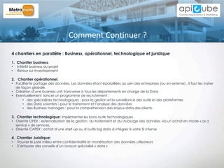4 chantiers en parallèle : Business, opérationnel, technologique et juridique
1.  Chantier business
•  Intérêt business du projet
•  Retour sur investissement
2.   Chantier opérationnel.
•  Faciliter le partage des données. Les données étant éparpillées au sein des entreprises (ou en externe) , il faut les traiter
de façon globale.
•  Création d’une business unit transverse à tous les départements en charge de la Data
•  Eventuellement lancer un programme de recrutement :
•  des spécialistes technologiques : pour la gestion et la surveillance des outils et des plateformes
•  des Data scientists : pour le traitement et l’analyse des données
•  des Business managers : pour la compréhension des enjeux data des clients.
3.  Chantier technologique: implémenter les bons outils technologiques 
•  Orienté OPEX : externalisation de la gestion, du traitement et du stockage des données via un achat en mode « as a
service » de services.
•  Orienté CAPEX : achat d’une start-up ou d’outils big data à intégrer à votre SI interne
 
4.  Chantier Juridique:
•  Trouver le juste milieu entre confidentialité et monétisation des données utilisateurs
•  S’entourer des conseils d’un avocat spécialisé « data »
Comment	
  Con'nuer	
  ?	
  
 