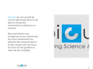 Apicube est une société de
conseil spécialisée dans le big
data et l’étude des
conversations publiques sur
internet.
Nous permettons aux
entreprises et aux collectivités
de mieux comprendre les
attentes des consommateurs
et des citoyens aﬁn de mieux
les servir en les gardant au
cœur de leur stratégie.
2
 