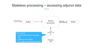 Stateless processing – accessing adjunct data
Key issues:
• Accidental DOS of member
DB
• Dealing with spikes
• I/O makes performance slow
 