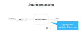 Stateful processing
Aggregations,
windowed joins, etc.
 