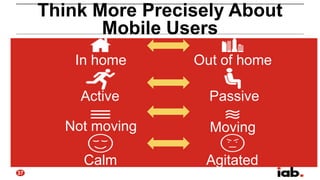 Think More Precisely About
Mobile Users
In home
Active

Passive

Not moving

Moving

Calm
37

Out of home

Agitated

 