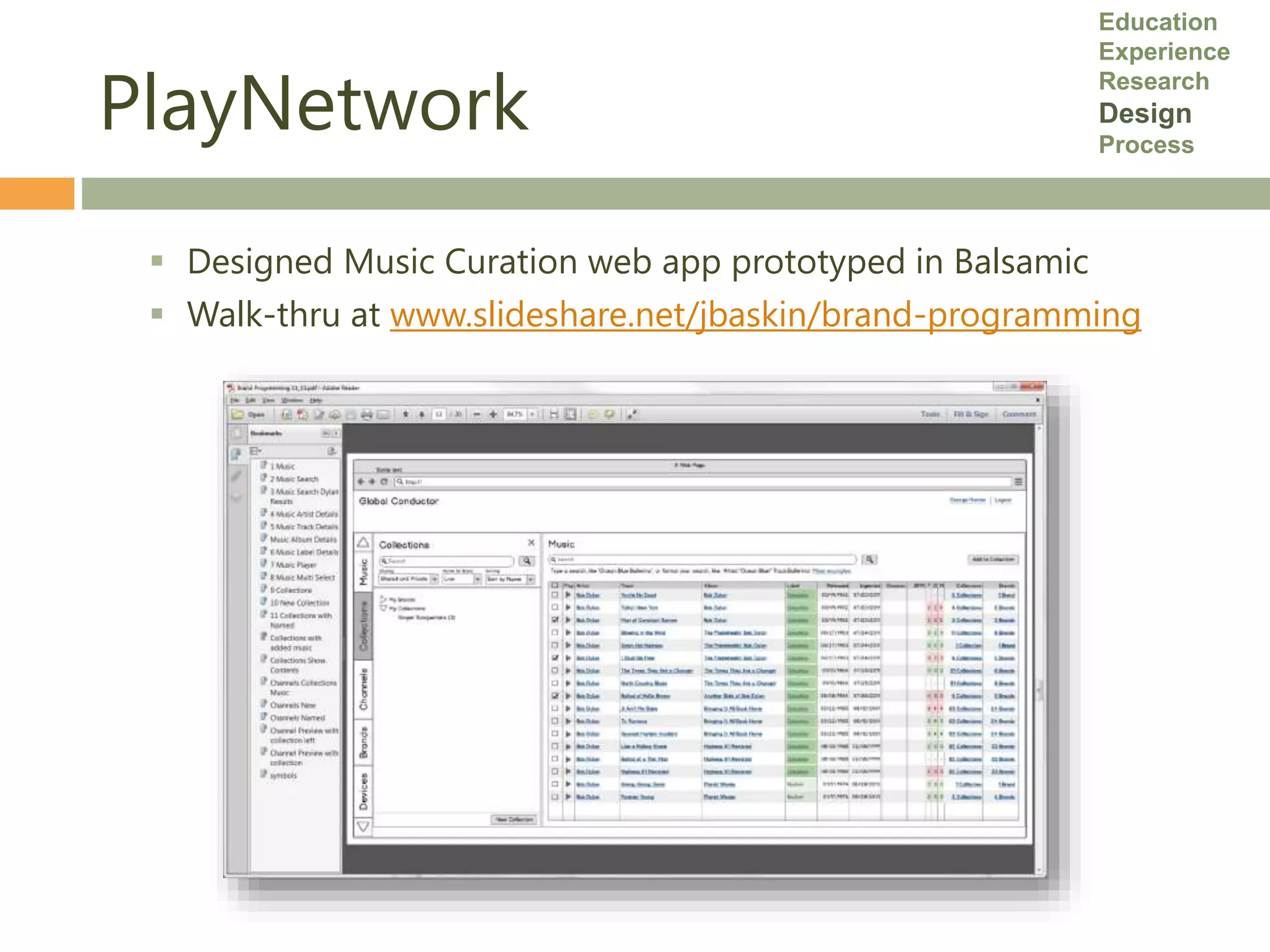 PlayNetwork
 Designed Music Curation web app prototyped in Balsamic
 Walk-thru at www.slideshare.net/jbaskin/brand-programming
Education
Experience
Research
Design
Process
 