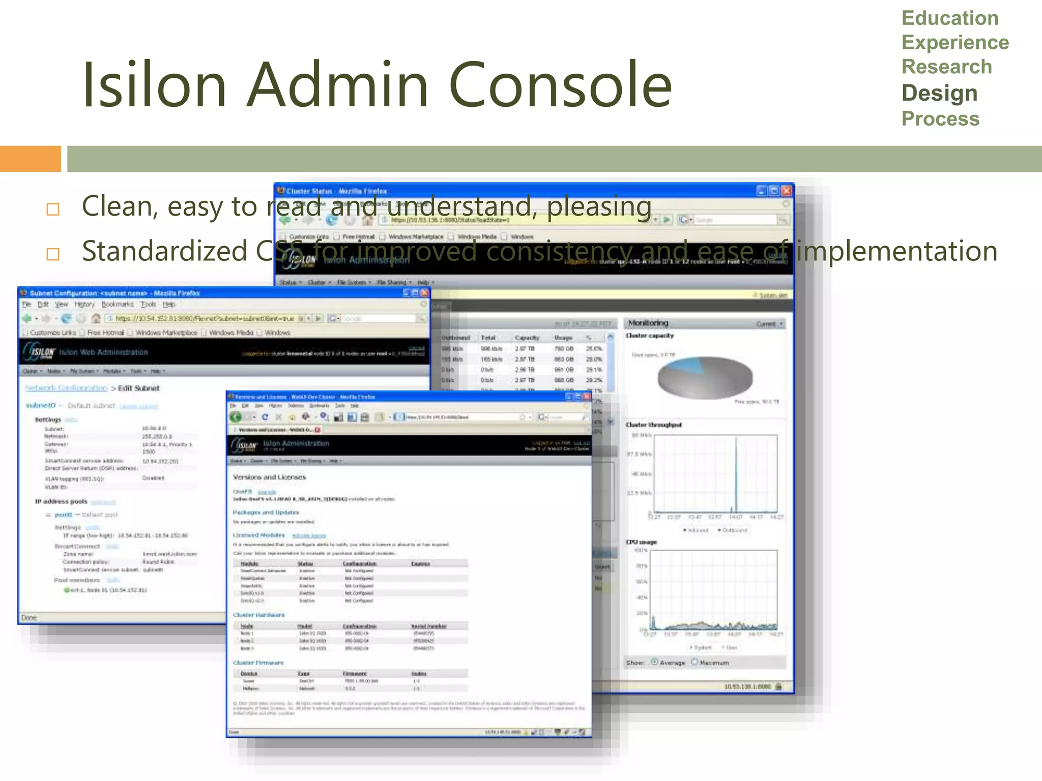 Isilon Admin Console
 Clean, easy to read and understand, pleasing
 Standardized CSS for improved consistency and ease of implementation
Education
Experience
Research
Design
Process
 