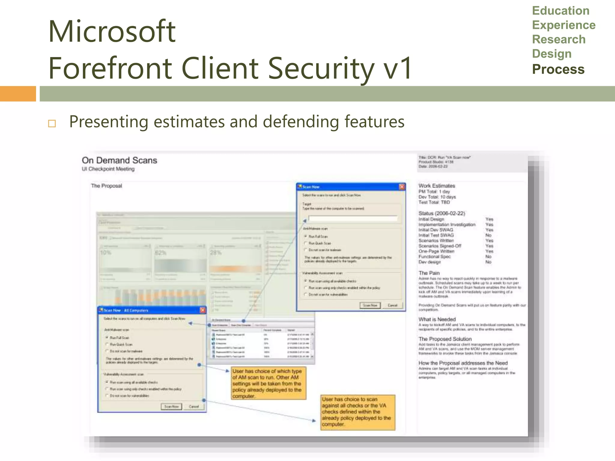 Microsoft
Forefront Client Security v1
 Presenting estimates and defending features
Education
Experience
Research
Design
Process
 