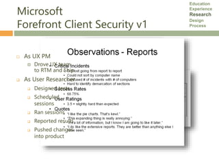 Microsoft
Forefront Client Security v1
 As UX PM
 Drove UX team
to RTM and Ship
 As User Researcher
 Designed tests
 ...