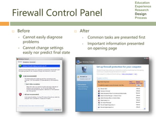 Firewall Control Panel
 Before
 Cannot easily diagnose
problems
 Cannot change settings
easily nor predict final state
...