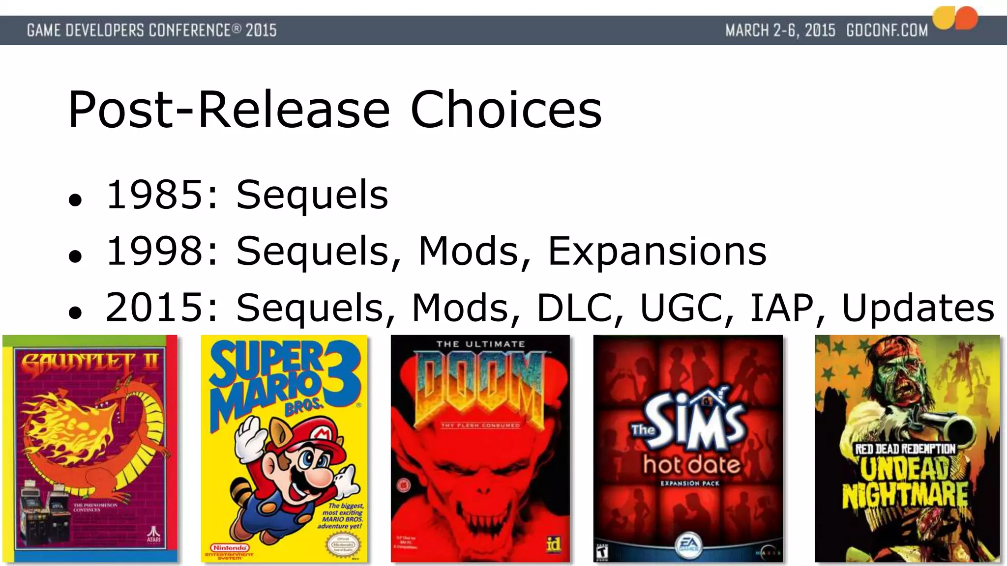 Post-Release Choices
● 1985: Sequels
● 1998: Sequels, Mods, Expansions
● 2015: Sequels, Mods, DLC, UGC, IAP, Updates
 