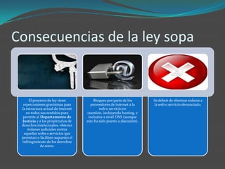 Consecuencias de la ley sopa


      El proyecto de ley tiene          Bloqueo por parte de los        Se deben de eliminar enlaces a
  repercusiones gravísimas para       proveedores de internet a la      la web o servicio denunciado.
 la estructura actual de internet           web o servicio en
    en todos sus sentidos pues      cuestión, incluyendo hosting, e
  permite al Departamento de         inclusive a nivel DNS (aunque
 Justicia y a los propietarios de   esto ha sido puesto a discusión).
 derechos intelectuales, obtener
     órdenes judiciales contra
   aquellas webs o servicios que
 permitan o faciliten supuesto el
 infringimiento de los derechos
             de autor,
 