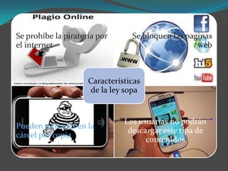Se prohíbe la piratería por      Se bloquen las paginas
el internet                                        web



                     Características
                     de la ley sopa


                               Los usuarias no podrán
Pueden terminar en la
                                descargar este tipa de
cárcel por copia
                                     contenidos
 