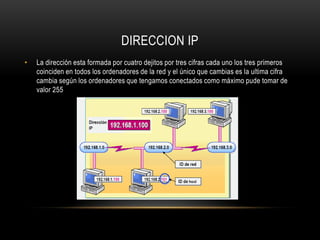 DIRECCION IP
•

La dirección esta formada por cuatro dejitos por tres cifras cada uno los tres primeros
coinciden en todos los ordenadores de la red y el único que cambias es la ultima cifra
cambia según los ordenadores que tengamos conectados como máximo pude tomar de
valor 255

 