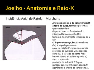 IncidênciaAxial de Patela – Merchant
Ângulos do sulco e de congruência: O
ângulo do sulco, formado por linhas
que se estendem
do ponto mais profundo do sulco
intercondilar aos dos côndilos
femorais, normalmente tem cerca de 1
38°.
O ângulo de congruência: uma linha
(ba) é traçada para unir o
ápice da patela (b) com o ponto mais
profundo do sulco (a). Uma segunda
linha (ca) é traçada do ponto mais
baixo na crista articular da patela (c)
até o ponto mais
profundo do sulco (a). O ângulo
formado por esta linha com a linha de
referência é o ângulo de congruência..
 