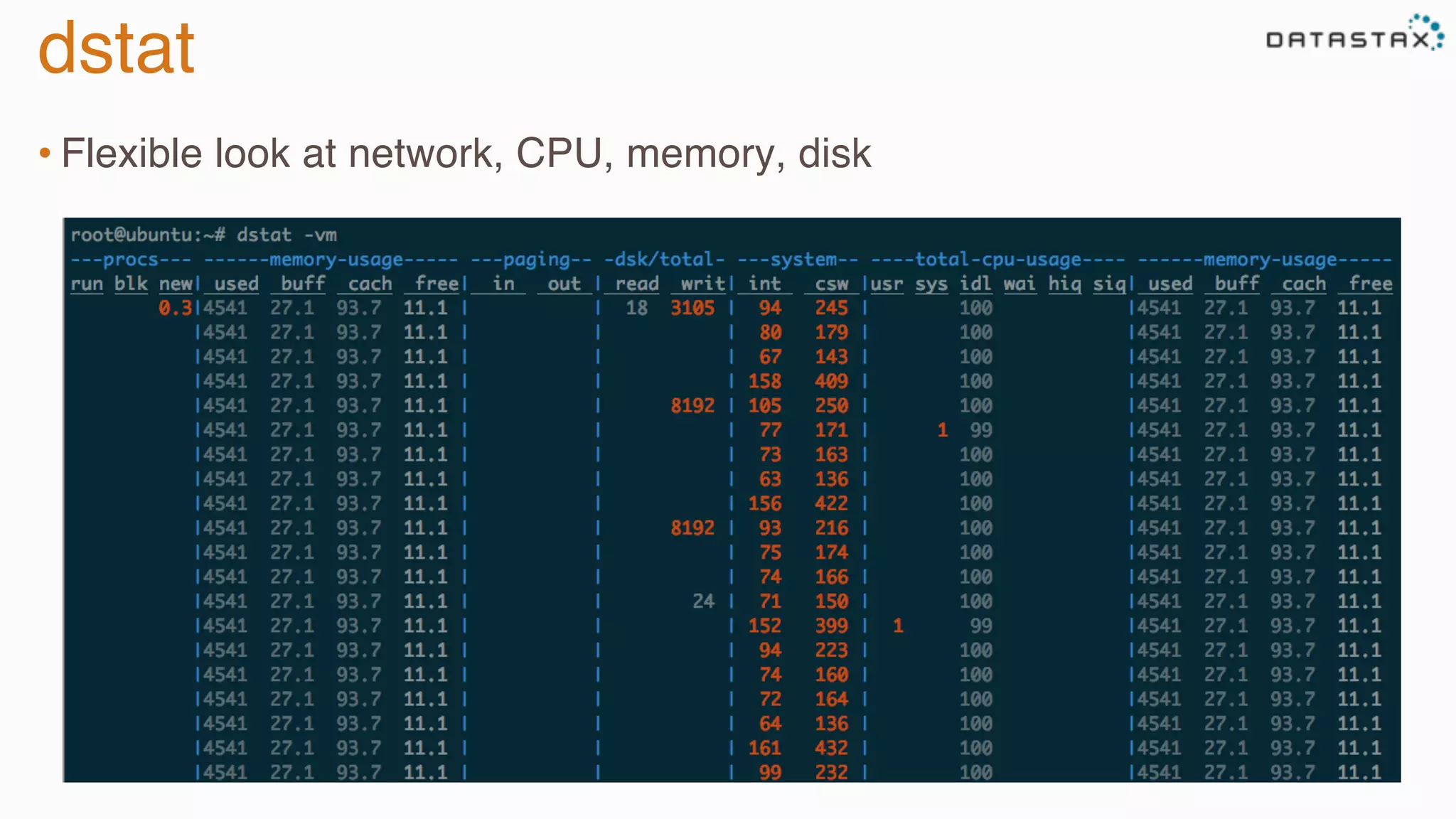 dstat
• Flexible look at network, CPU, memory, disk
 