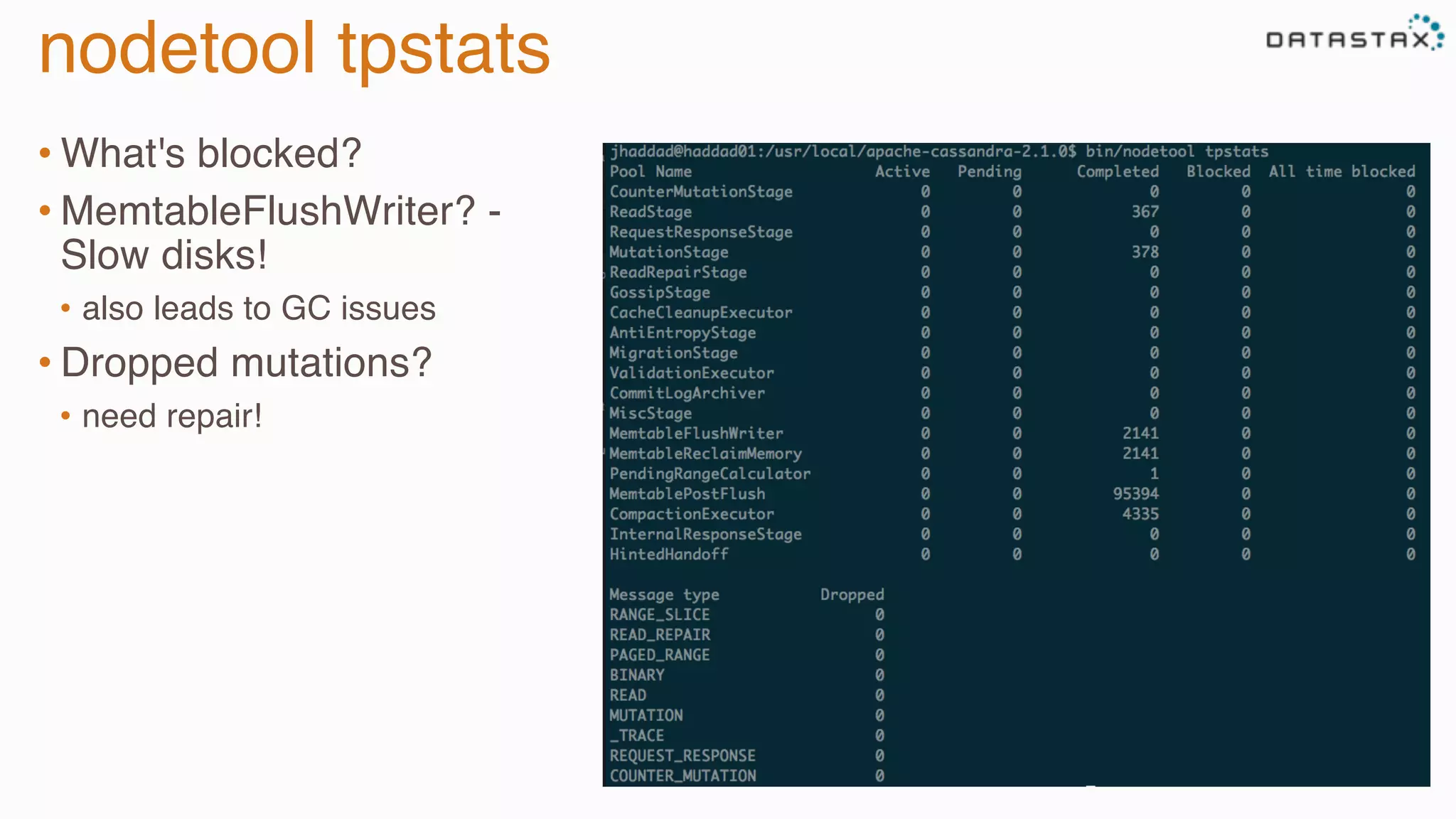 nodetool tpstats
• What's blocked?
• MemtableFlushWriter? -
Slow disks!
•  also leads to GC issues
• Dropped mutations?
•  need repair!
 
