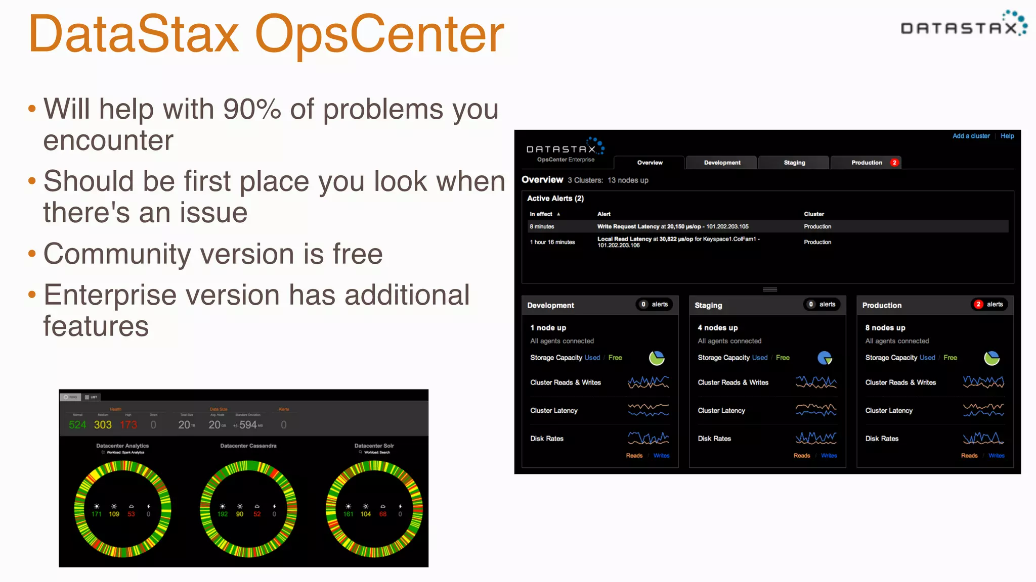 DataStax OpsCenter
• Will help with 90% of problems you
encounter
• Should be ﬁrst place you look when
there's an issue
• Community version is free
• Enterprise version has additional
features
 