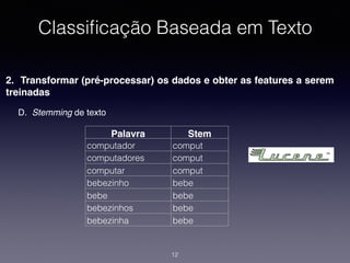 Classiﬁcação Baseada em Texto
2. Transformar (pré-processar) os dados e obter as features a serem
treinadas
12
D. Stemming de texto
Palavra Stem
computador comput
computadores comput
computar comput
bebezinho bebe
bebe bebe
bebezinhos bebe
bebezinha bebe
 