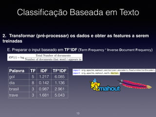 Classiﬁcação Baseada em Texto
2. Transformar (pré-processar) os dados e obter as features a serem
treinadas
13
E. Preparar o input baseado em TF*IDF (Term Frequency * Inverse Document Frequency)
Palavra TF IDF TF*IDF
gol 5 1.217 6.085
dia 8 0.142 1.136
brasil 3 0.987 2.961
trave 3 1.681 5.043
 