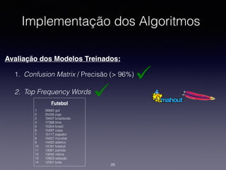 Implementação dos Algoritmos
26
1. Confusion Matrix / Precisão (> 96%)
2. Top Frequency Words
Avaliação dos Modelos Treinados:
Futebol
1 26682 gol
2 25256 jogo
3 19407 brasileirão
4 17268 time
5 15354 brasil
6 15297 copa
7 15117 jogador
8 15057 mundial
9 14425 atlético
10 14181 futebol
11 13081 partida
12 13042 vitória
13 12603 seleção
14 12301 bola
 