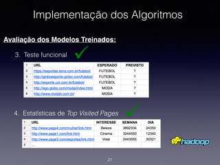 Implementação dos Algoritmos
27
3. Teste funcional
Avaliação dos Modelos Treinados:
4. Estatísticas de Top Visited Pages
 