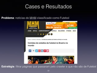 Cases e Resultados
Problema: notícias do MHM classiﬁcado como Futebol
Estratégia: ﬁltrar páginas que passaram pelo crawler e que não são de Futebol
32
 