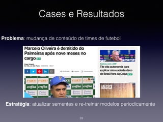 Cases e Resultados
Problema: mudança de conteúdo de times de futebol
Estratégia: atualizar sementes e re-treinar modelos periodicamente
33
 