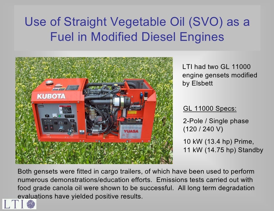 Use of Straight Vegetable Oil as a Fuel in Appropriately Equipped Die…
