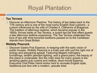 Royal Plantation


Tea Terrace




Discover an Afternoon Pastime. The history of tea dates back to the
17th century and is one of the most iconic English food customs - a
custom influenced by the wife of Charles II, Catharine of Braganza.
The tradition of afternoon teatime, which became popular in the
1800s, thrives today at Tea Terrace, a quaint tea bar that offers guests
a late afternoon teatime experience. The Tea Terrace celebrates the
love of tea with time-honored traditions passed on to the Caribbean
islands from Great Britain.

Wobbly Peacock


Discover Gastro Pub Essence. In keeping with the early vision of
public houses, Wobbly Peacock is a lively pub with just the right mix of
energy and easygoing appeal. Featuring elegant mahogany
furnishings, lantern pendant lighting, and a grand piano, the beauty of
this place is undeniable. But the main draw for many guests is the
amazing gastro pub cuisine and mellow, down-home essence.
Executive Chef Peter Hamil works hard to recreate English style,
traditional pub fare with a modern, upscale twist.

 