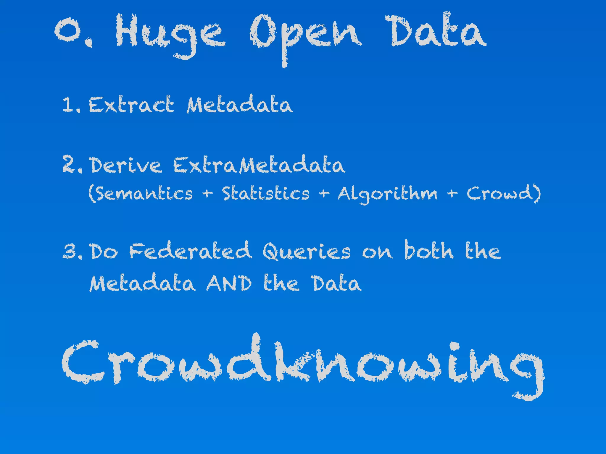 0. Huge Open Data
1. Extract Metadata

2. Derive ExtraMetadata
  (Semantics + Statistics + Algorithm + Crowd)


3. Do Federated Queries on both the
   Metadata AND the Data



Crowdknowing
 