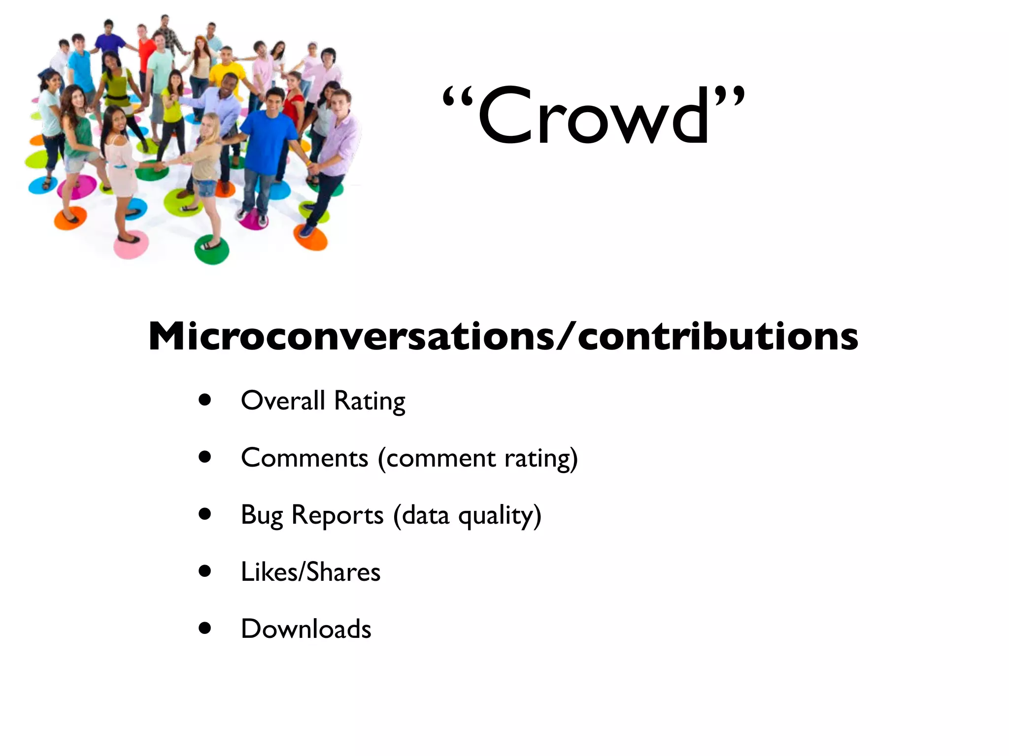 “Crowd”

Microconversations/contributions
  •   Overall Rating

  •   Comments (comment rating)

  •   Bug Reports (data quality)

  •   Likes/Shares

  •   Downloads
 