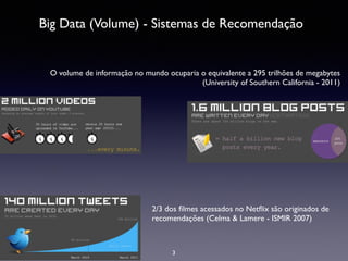 Big Data (Volume) - Sistemas de Recomendação
2/3 dos ﬁlmes acessados no Netﬂix são originados de
recomendações (Celma & Lamere - ISMIR 2007)	

O volume de informação no mundo ocuparia o equivalente a 295 trilhões de megabytes
(University of Southern California - 2011)
3
 