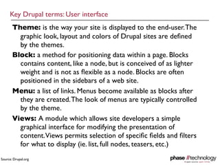 Key Drupal terms: User interface
       Theme: is the way your site is displayed to the end-user. The
         graphic look, layout and colors of Drupal sites are deﬁned
         by the themes.
       Block: a method for positioning data within a page. Blocks
         contains content, like a node, but is conceived of as lighter
         weight and is not as ﬂexible as a node. Blocks are often
         positioned in the sidebars of a web site.
       Menu: a list of links. Menus become available as blocks after
         they are created. The look of menus are typically controlled
         by the theme.
       Views: A module which allows site developers a simple
         graphical interface for modifying the presentation of
         content.Views permits selection of speciﬁc ﬁelds and ﬁlters
         for what to display (ie. list, full nodes, teasers, etc.)
Source: Drupal.org
 