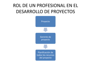 ROL DE UN PROFESIONAL EN EL
DESARROLLO DE PROYECTOS
Proyecto
Gerente de
proyecto
Planificación de
todos los recursos
del proyecto
 