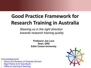 Steering us in the right direction
towards research training quality
Good Practice Framework for
Research Training in Australia
Professor Joe Luca
Dean, GRS
Edith Cowan University
Acknowledgements:
- Deans and Directors of Graduate Schools
- Nigel Palmer & Dr Sara Booth
- Office of Learning & Teaching
 