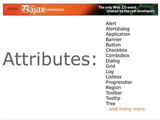 AlertAlertdialogApplicationBannerButtonCheckboxComboboxDialogGridLogListboxProgressbarRegionToolbarTooltipTree…and many moreAttributes:
