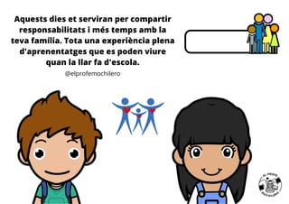 Aquests dies et serviran per compartir
responsabilitats i més temps amb la
teva família. Tota una experiència plena
d'aprenentatges que es poden viure
quan la llar fa d'escola.
@elprofemochilero
 