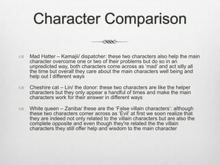 Character Comparison

   Mad Hatter – Kamajii/ dispatcher: these two characters also help the main
    character overcome one or two of their problems but do so in an
    unpredicted way, both characters come across as ‘mad’ and act silly all
    the time but overall they care about the main characters well being and
    help out I different ways

   Cheshire cat – Lin/ the donor: these two characters are like the helper
    characters but they only appear a handful of times and make the main
    characters work for their answer in different ways

   White queen – Zaniba/ these are the ‘False villain characters’: although
    these two characters comer across as ‘Evil’ at first we soon realize that
    they are indeed not only related to the villain characters but are also the
    complete opposite and even though they're related the the villain
    characters they still offer help and wisdom to the main character
 