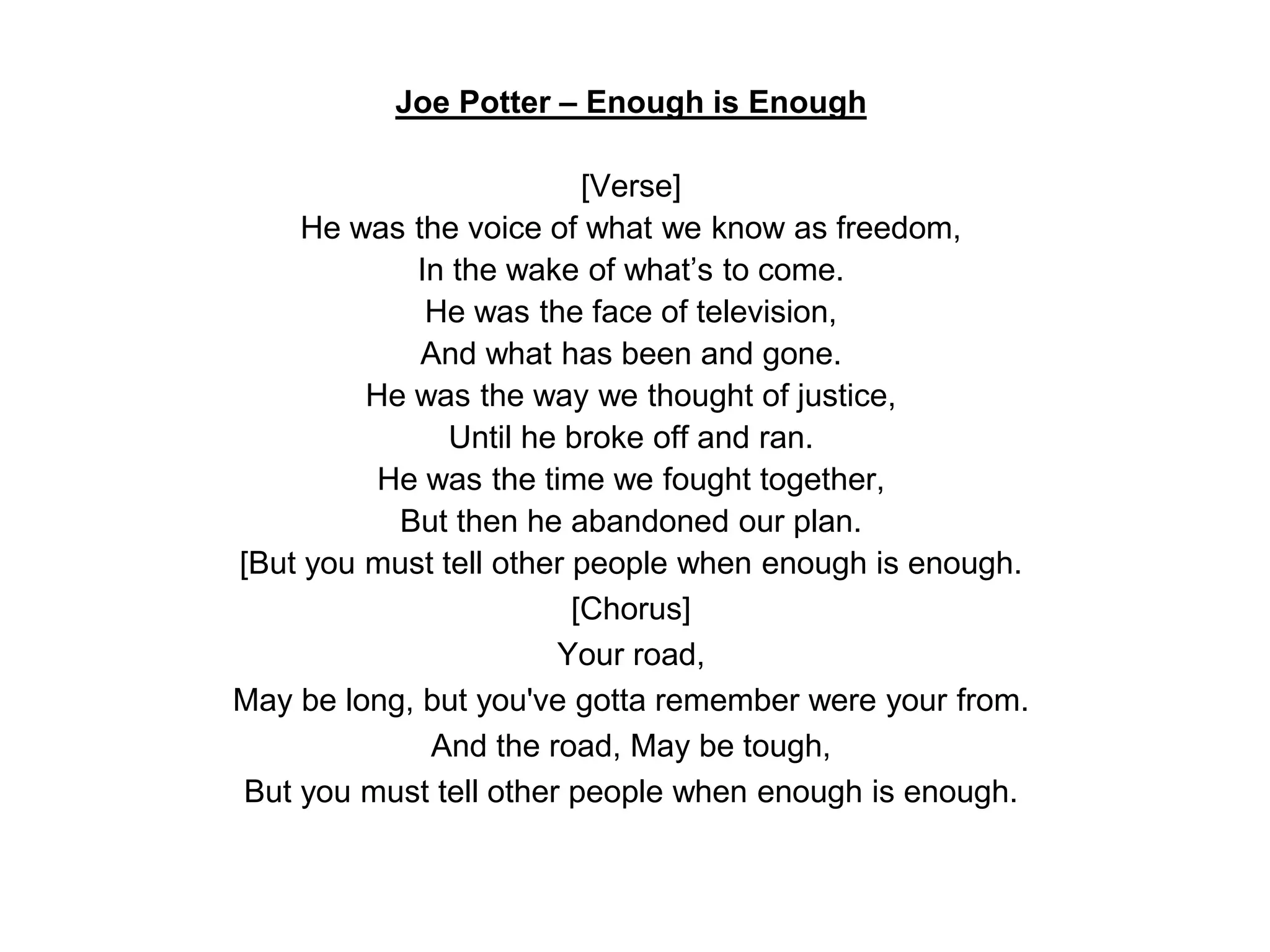 Joe Potter - Enough is Enough Lyrics | PPT