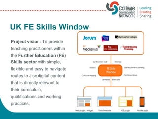 UK FE Skills Window
Project vision: To provide
teaching practitioners within
the Further Education (FE)
Skills sector with simple,
flexible and easy to navigate
routes to Jisc digital content
that is directly relevant to
their curriculum,
qualifications and working
practices.
 