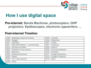 How I use digital space
Pre-internet: Banda Machines, photocopiers, OHP
projectors, Epidiascopes, electronic typewriters …
Post-internet Timeline:
1996 – Webpage using free hosting 2006 – LinkedIn
2000 – Blogger 2006 – Slideshare
2001 – JISCMail 2007 – Twitter
2001 – RSS feed Reader – currently Digg 2007 – Hootsuite
2003 – PB Wiki and Wikis 2008 – Paper.li
2003 – Website on own domain 2009 – Foursquare/Swarm
2003 – Delicious 2010 – Pinterest
2005 – Dropbox/One Drive 2011 – Google Apps/Docs
2005 – Skype 2012 – Google+ hangouts
2006 – You Tube Channel 2013 – Glow
2006 – Flickr
 