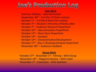 Joe’s Production Log Solo Work ,[object Object]