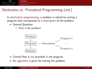 ASP             Paradigm
Rules and Ontologies     Syntax and Semantics
Debugging in ASP         Applications



Declarative vs. Procedural Programming (ctd.)
       In declarative programming, a problem is solved by writing a
       program that corresponds to a description of the problem.
            General Question:
                       What is the problem?


                                Problem
                                                                Property 1
                                Program           Description      ...

                                                                Property n
                                Solution

                 Control ﬂow is not provided in the program.
                 No algorithm is given for solving the problem.

   Jörg Pührer           Answer-Set Programming                              4 / 71
 